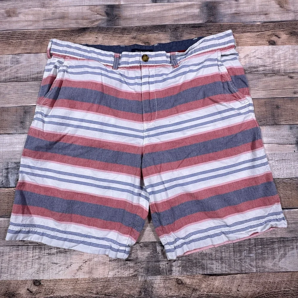 Tommy Hilfiger Mens Shorts 40 Red‎ White Blue Striped Chino Cotton Flat Front